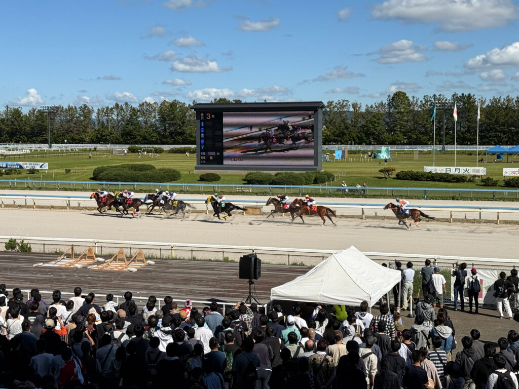 スタンドから競馬を観戦。